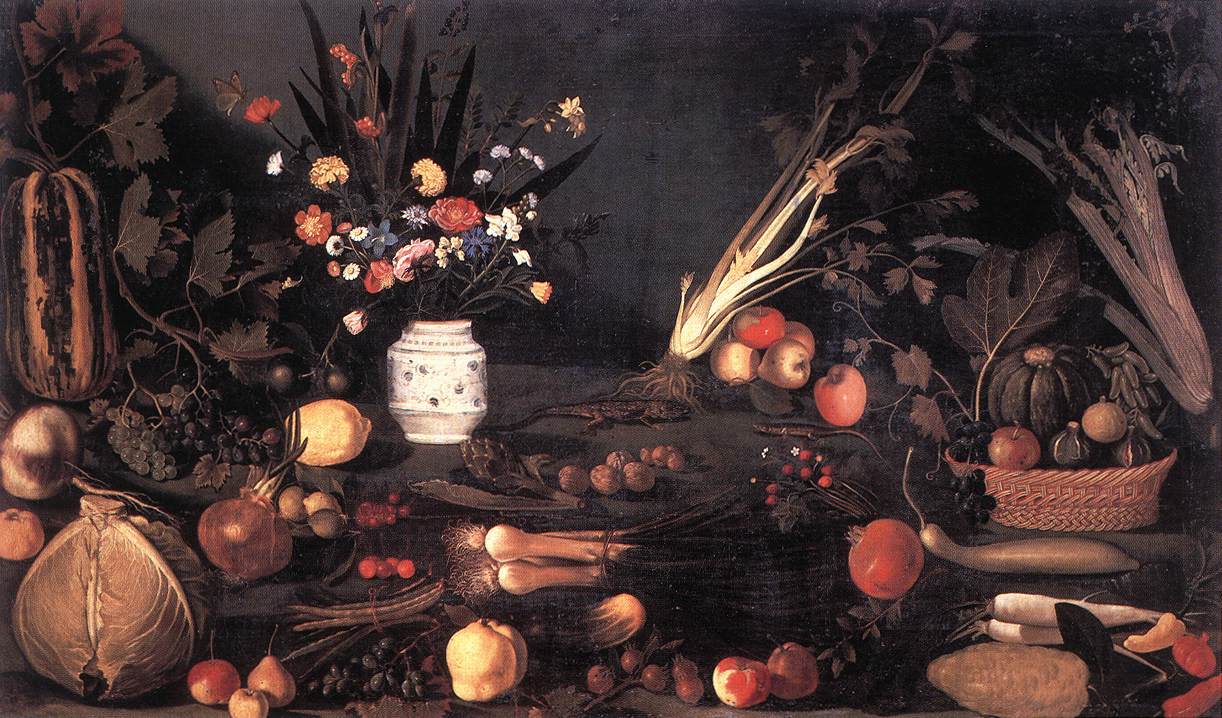 Натюрморт с фруктами, овощами, цветами и двумя ящерицами – описание картины